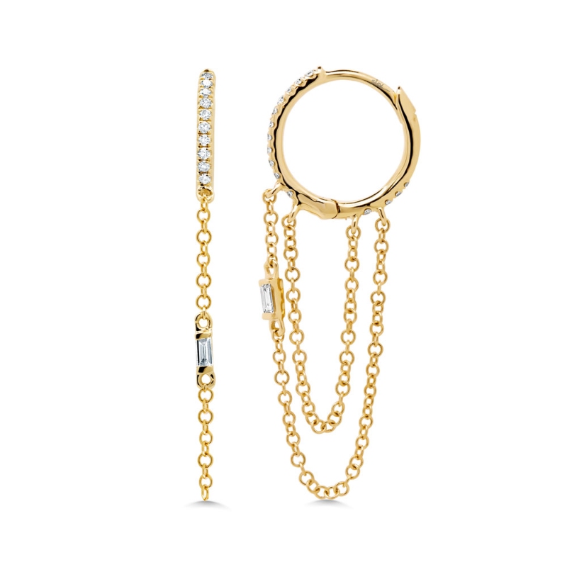 0.18Ct 14K Yellow Gold Diamond Baguette Huggie Chain Earring
