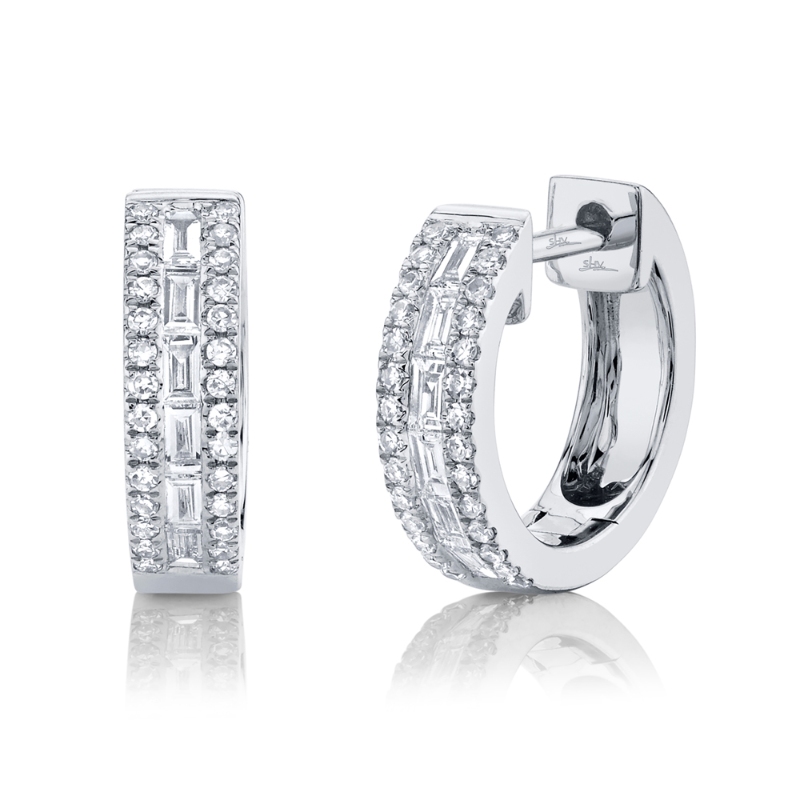 0.34Ct 14K White Gold Diamond Baguette Huggie Earrings