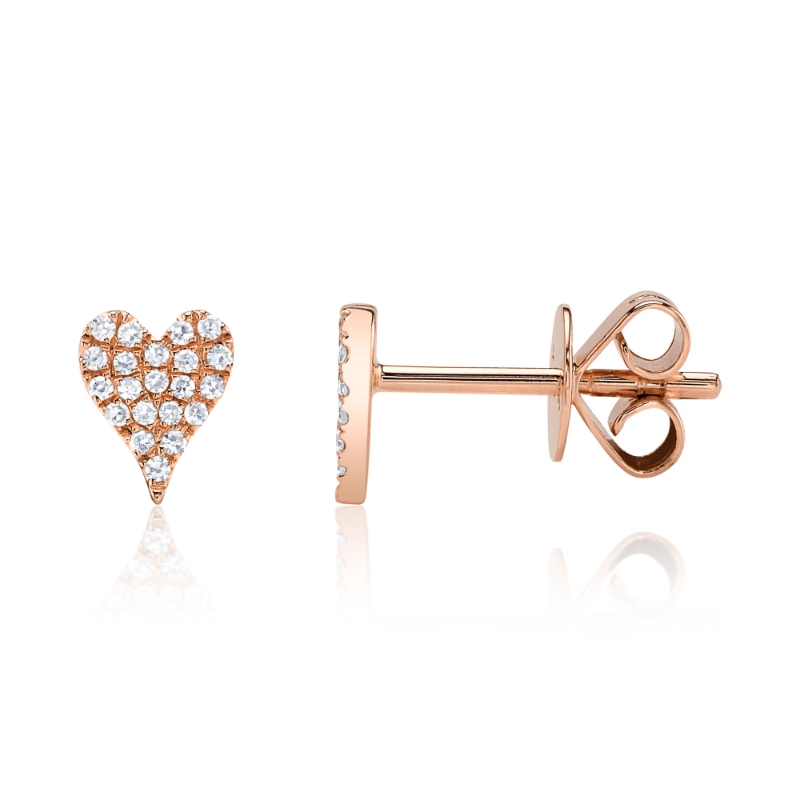 0.10Ct 14K Rose Gold Diamond Pave Heart Stud Earring