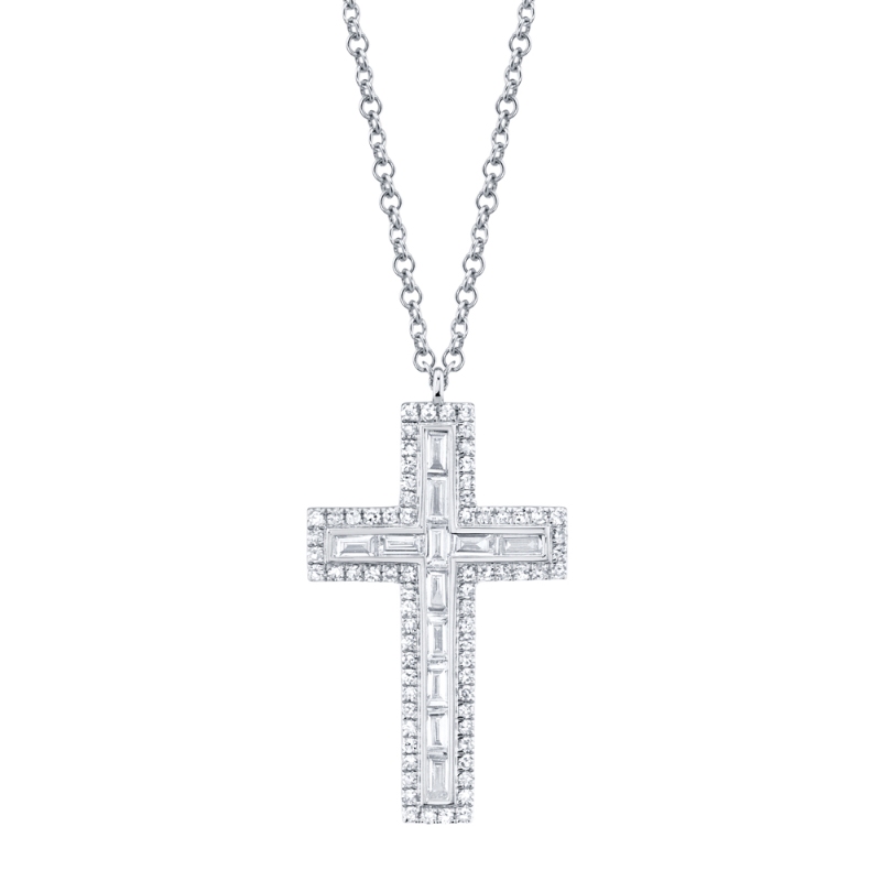 0.31Ct 14K White Gold Diamond Baguette Cross Necklace