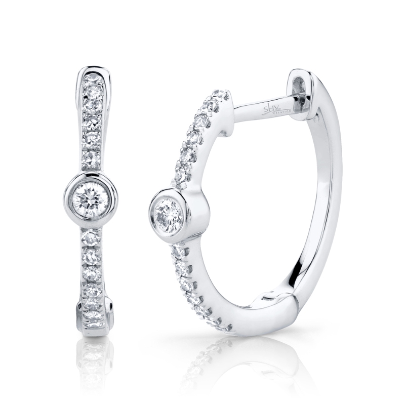 0.13Ct 14K White Gold Diamond Bezel Hoop Earrings
