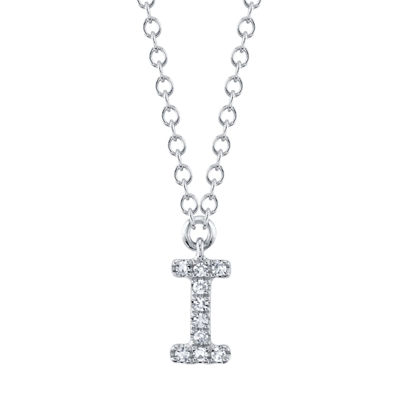 0.03Ct 14K White Gold Diamond Necklace - Initial I