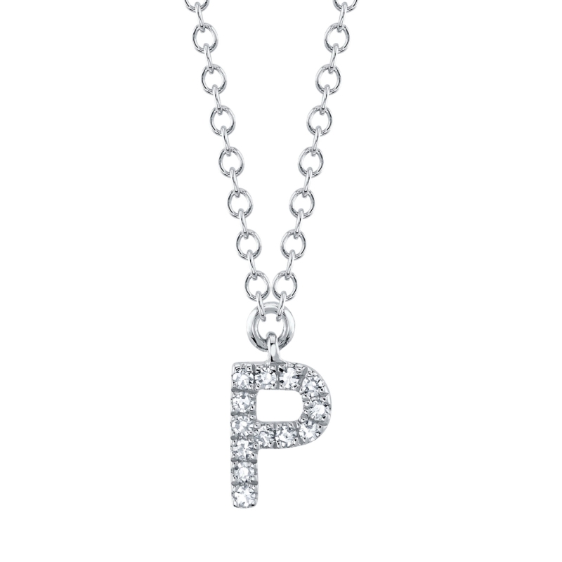 0.04Ct 14K White Gold Diamond Necklace - Initial P