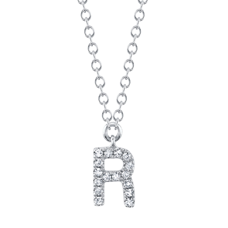 0.05Ct 14K White Gold Diamond Necklace - Initial R