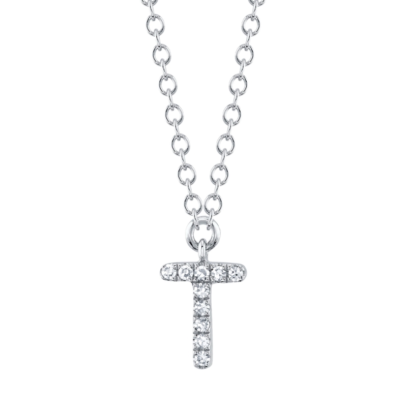 0.03Ct 14K White Gold Diamond Necklace - Initial T