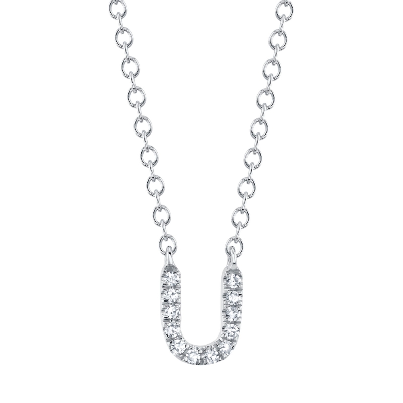 0.04Ct 14K White Gold Diamond Necklace - Initial U