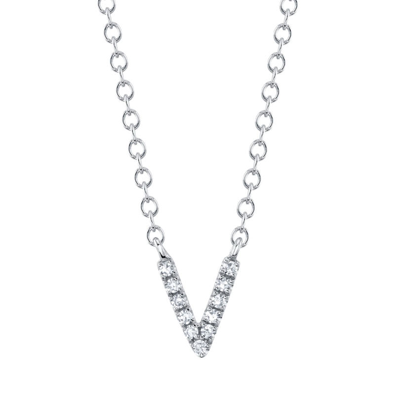 0.03Ct 14K White Gold Diamond Necklace - Initial V