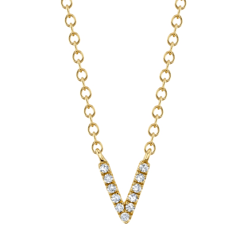 0.03Ct 14K Yellow Gold Diamond Necklace - Initial V