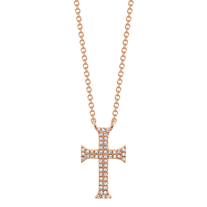 0.12Ct 14K Rose Gold Diamond Pave Cross Necklace