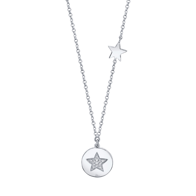 0.03Ct 14K White Gold Diamond Pave Star Disc Necklace