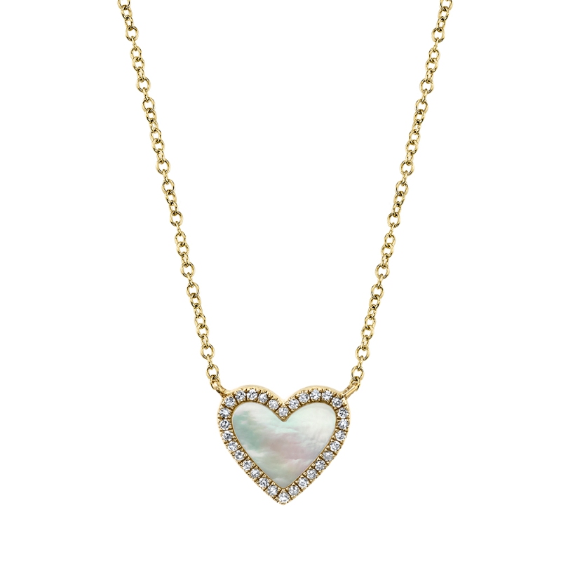 Shy Creation Natural Mother-Of-Pearl Heart Pendant Necklace 1/15 Ct Tw Diamonds 14K Yellow Gold 18"