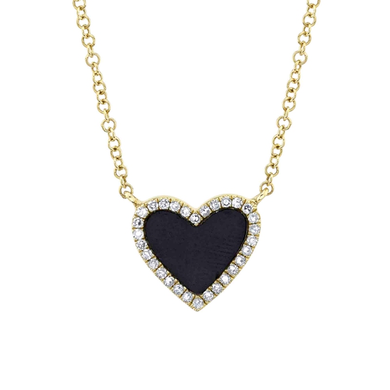 0.09Ct Diamond & 0.59Ct Black Onyx 14K Yellow Gold Heart Necklace