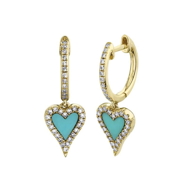 0.21Ct Diamond & 0.36Ct Composite Turquoise 14K Yellow Gold Heart Earrings