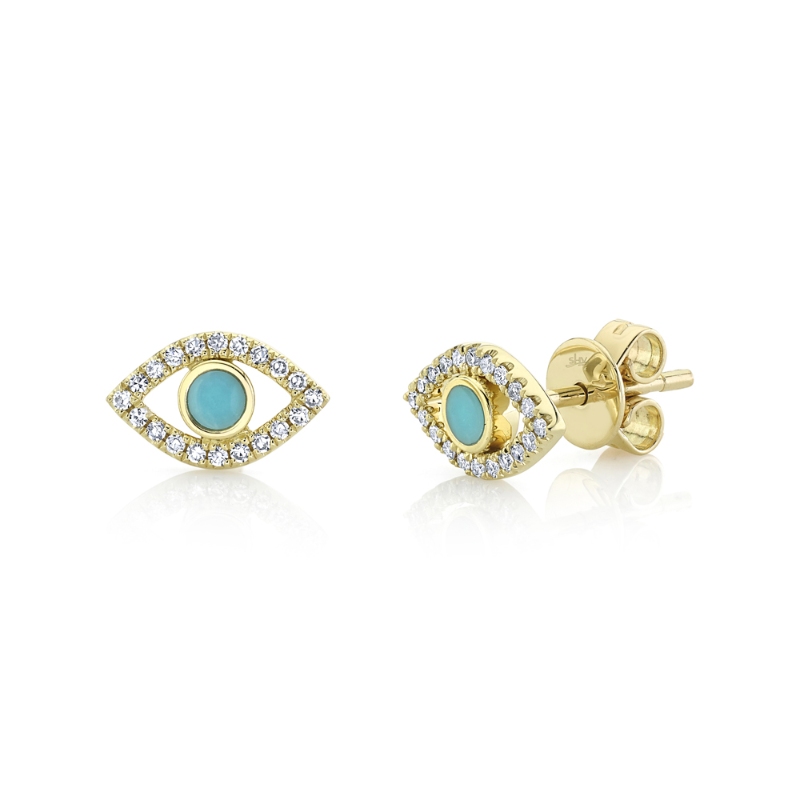 0.12Ct Diamond & 0.14Ct Composite Turquoise 14K Yellow Gold Eye Stud Earrings