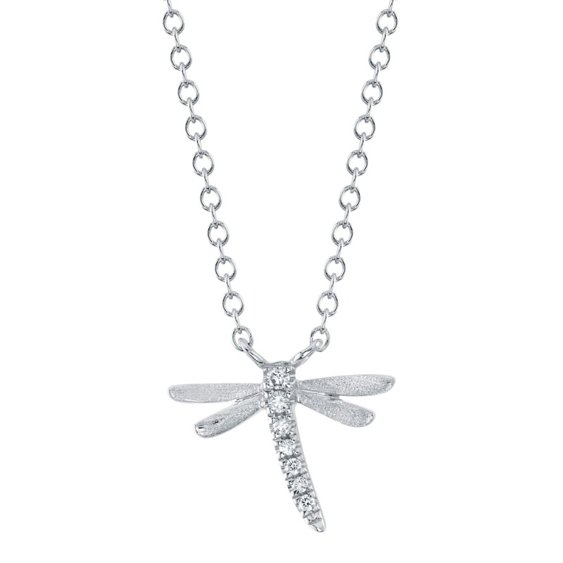 0.03Ct 14K White Gold Diamond Dragonfly Matte Necklace