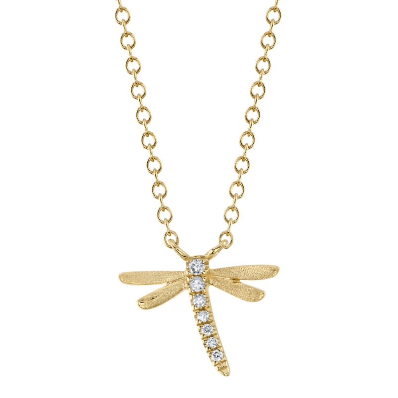 0.03Ct 14K Yellow Gold Diamond Dragonfly Matte Necklace