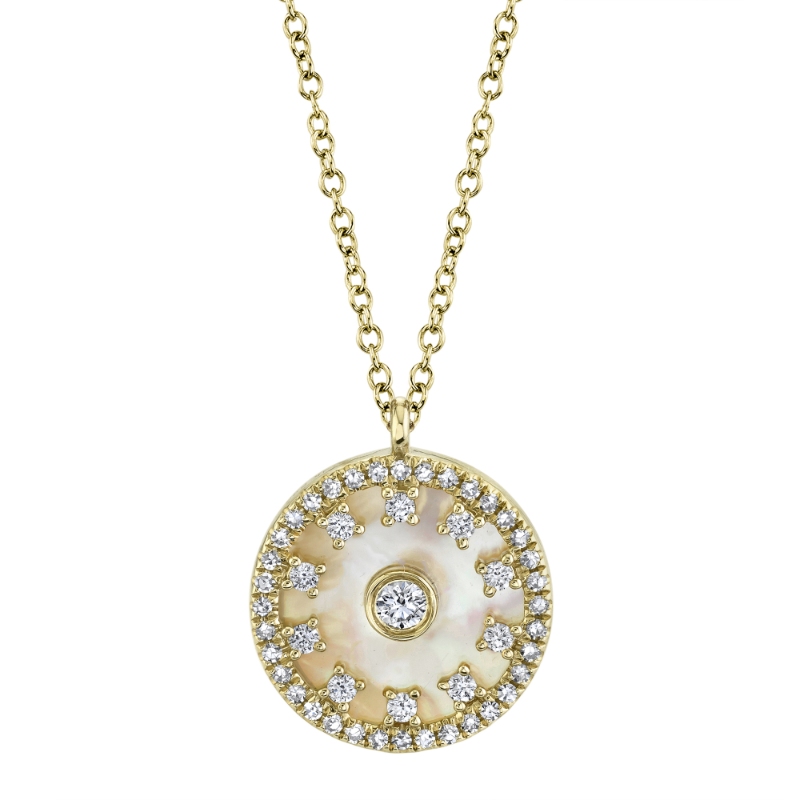0.25Ct Diamond & 1.73Ct Mother Of Pearl 14K Yellow Gold Circle Necklace