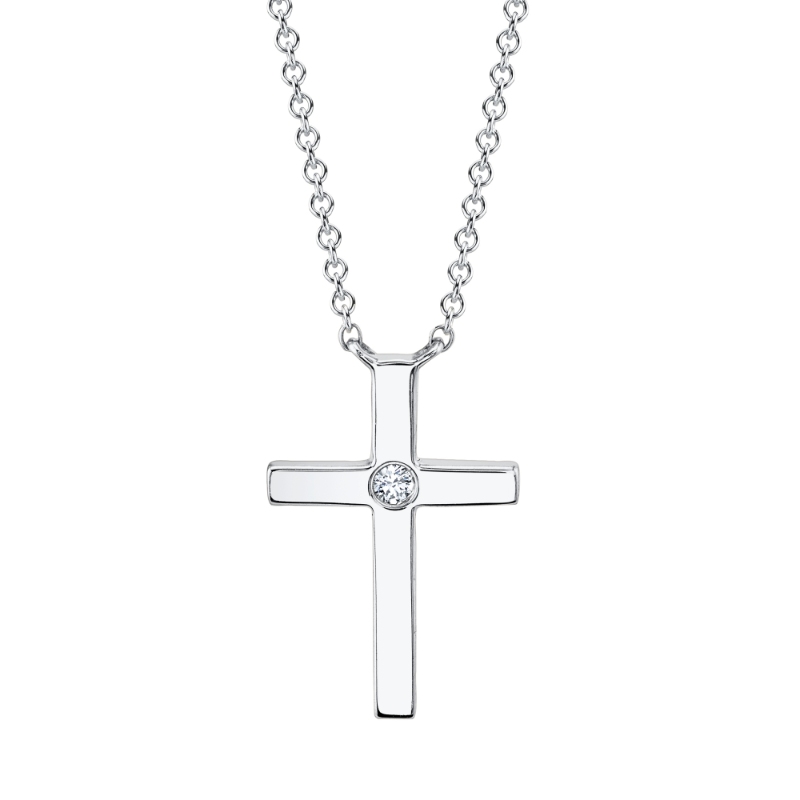 0.03Ct 14K White Gold Diamond Bezel Cross Necklace
