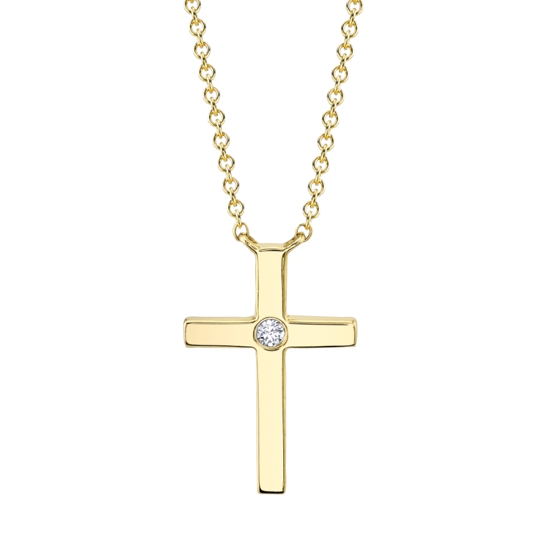0.03Ct 14K Yellow Gold Diamond Bezel Cross Necklace