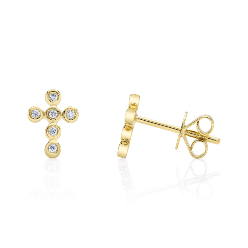 0.07Ct 14K Yellow Gold Diamond Bezel Cross Stud Earring