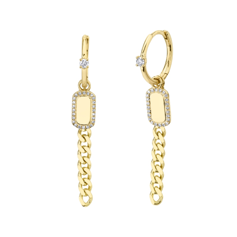 0.20Ct 14K Yellow Gold Diamond Dog Tag Link Huggie Earrings