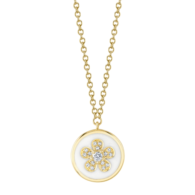0.06Ct Diamond & White Enamel 14K Yellow Gold Flower Necklace