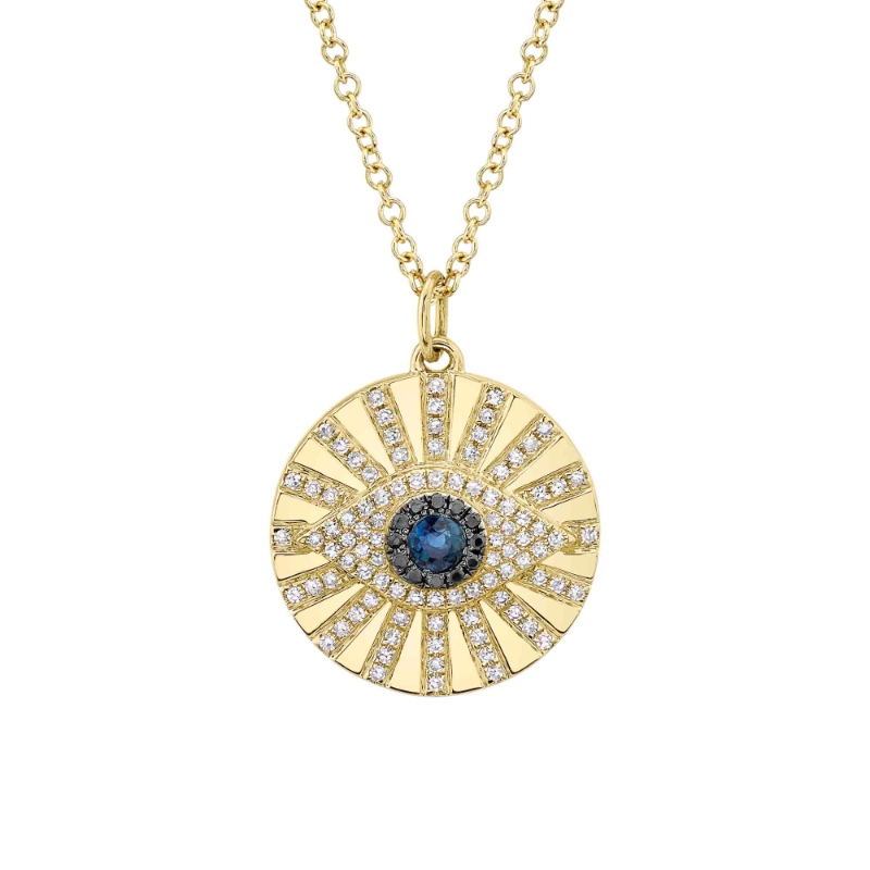 0.23Ct Black & White Diamond & 0.15Ct Blue Sapphire 14K Yellow Gold Eye Necklace