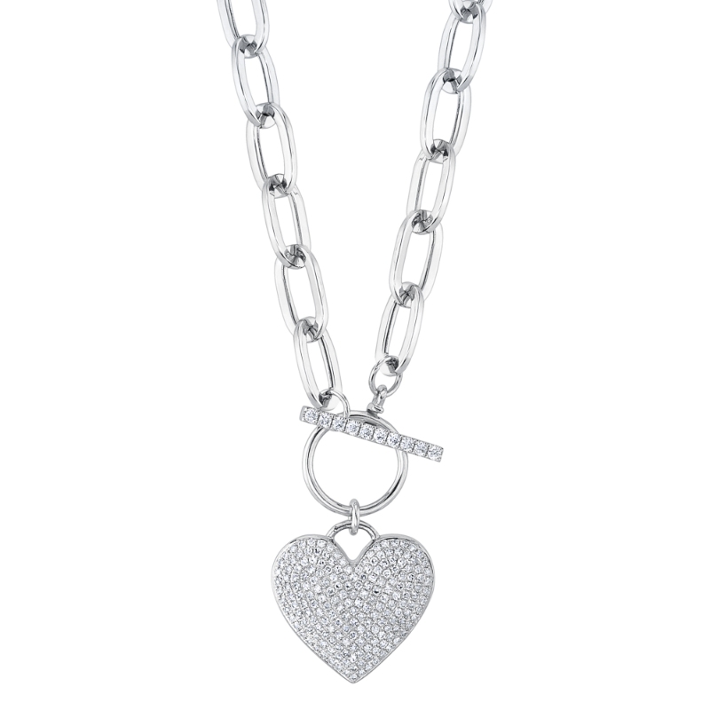 0.50Ct 14K White Gold Diamond Pave Heart Paper Clip Link Necklace