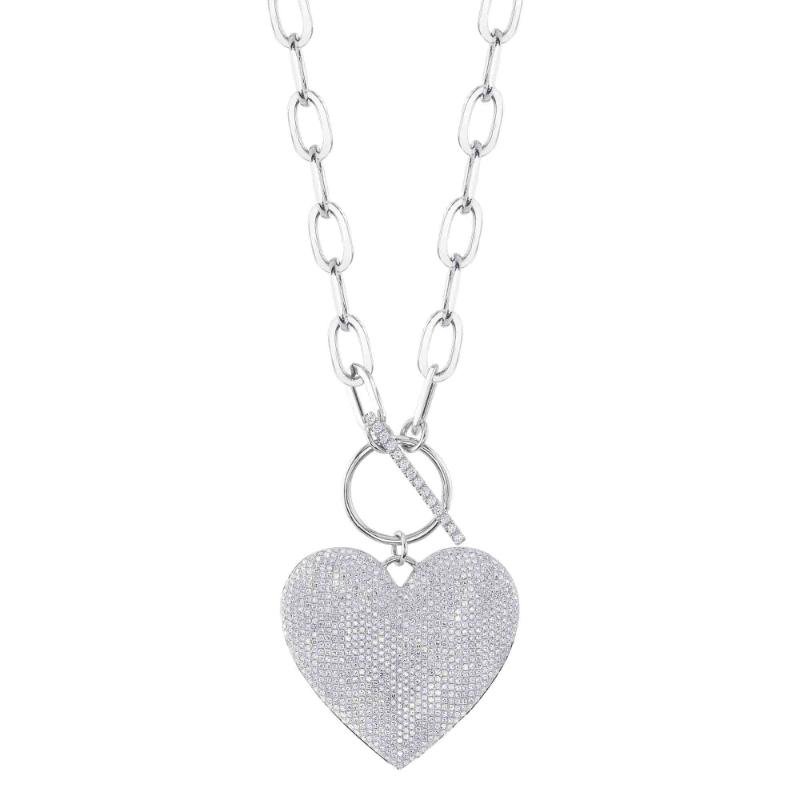 1.99Ct 14K White Gold Diamond Pave Heart Paper Clip Link Necklace