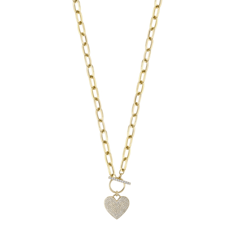 0.50Ct 14K Yellow Gold Diamond Pave Heart Paper Clip Link Necklace