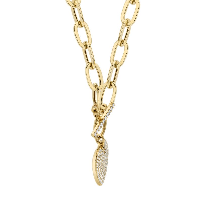 0.50Ct 14K Yellow Gold Diamond Pave Heart Paper Clip Link Necklace