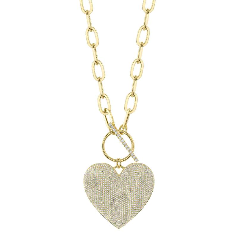 1.99Ct 14K Yellow Gold Diamond Pave Heart Paper Clip Link Necklace