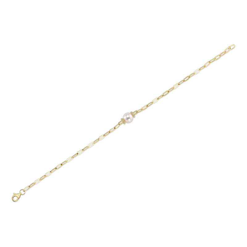 0.07Ct 14K Yellow Gold Diamond & Cultured Pearl Paper Clip Link Bracelet