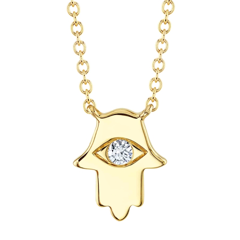 0.04Ct 14K Yellow Gold Diamond Eye Hamsa Necklace