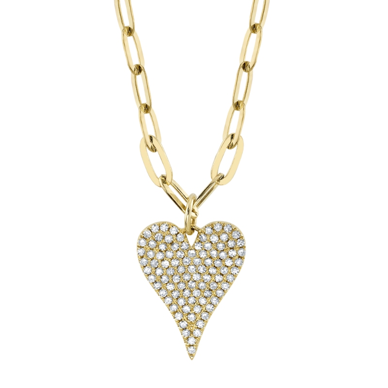 0.21Ct 14K Yellow Gold Diamond Pave Heart Paper Clip Link Necklace