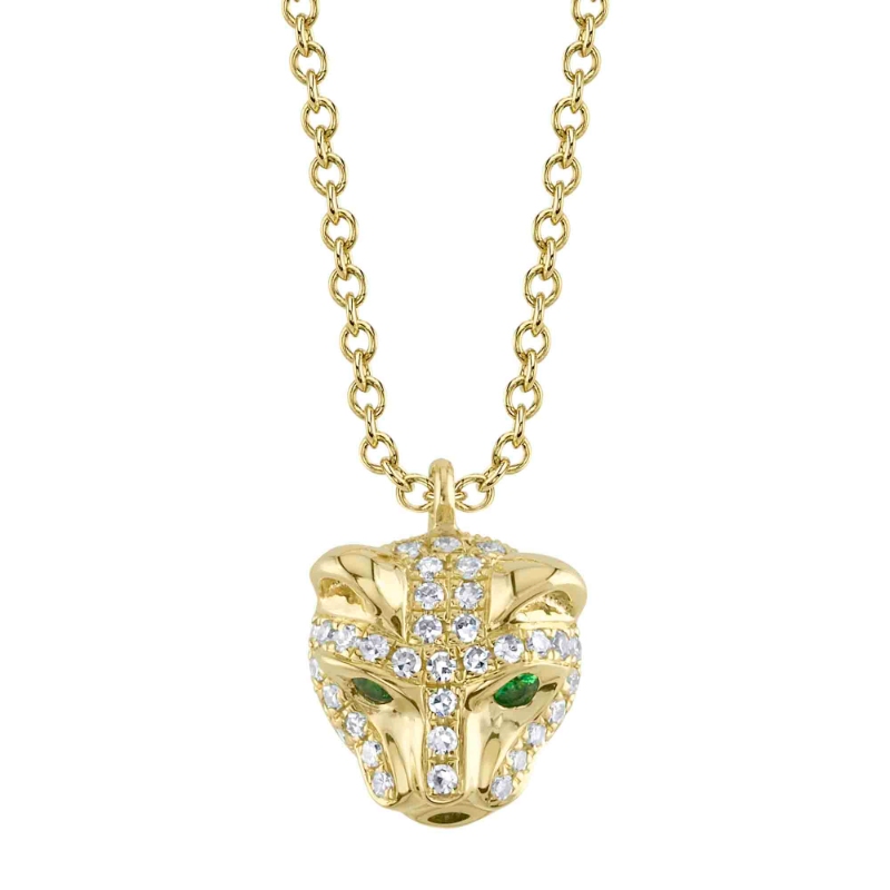 0.12Ct Diamond & 0.02Ct Emerald 14K Yellow Gold Panther Necklace