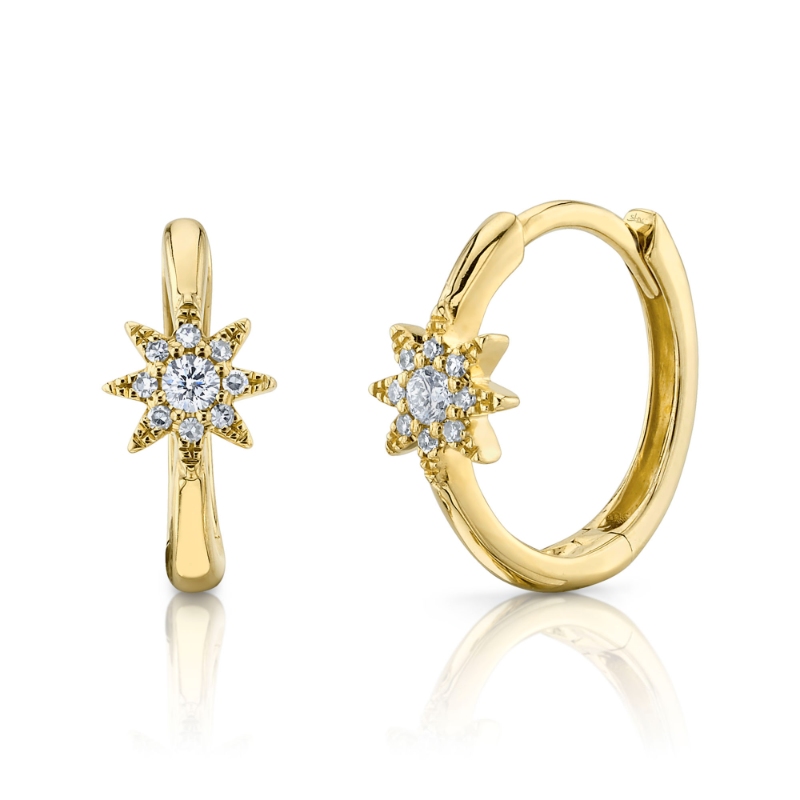 0.10Ct 14K Yellow Gold Diamond Starburst Huggie Earrings