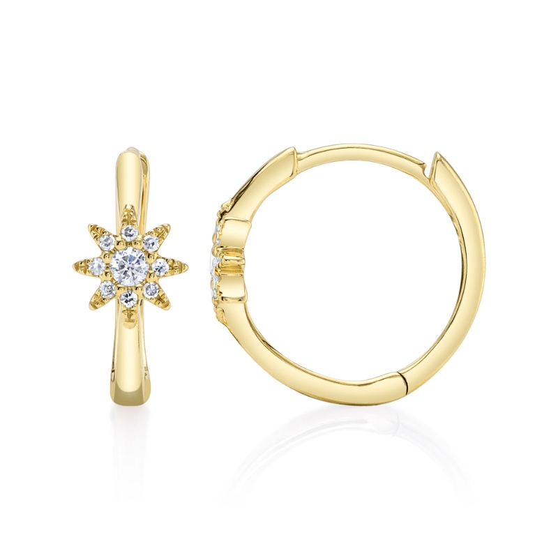 0.10Ct 14K Yellow Gold Diamond Starburst Huggie Earring