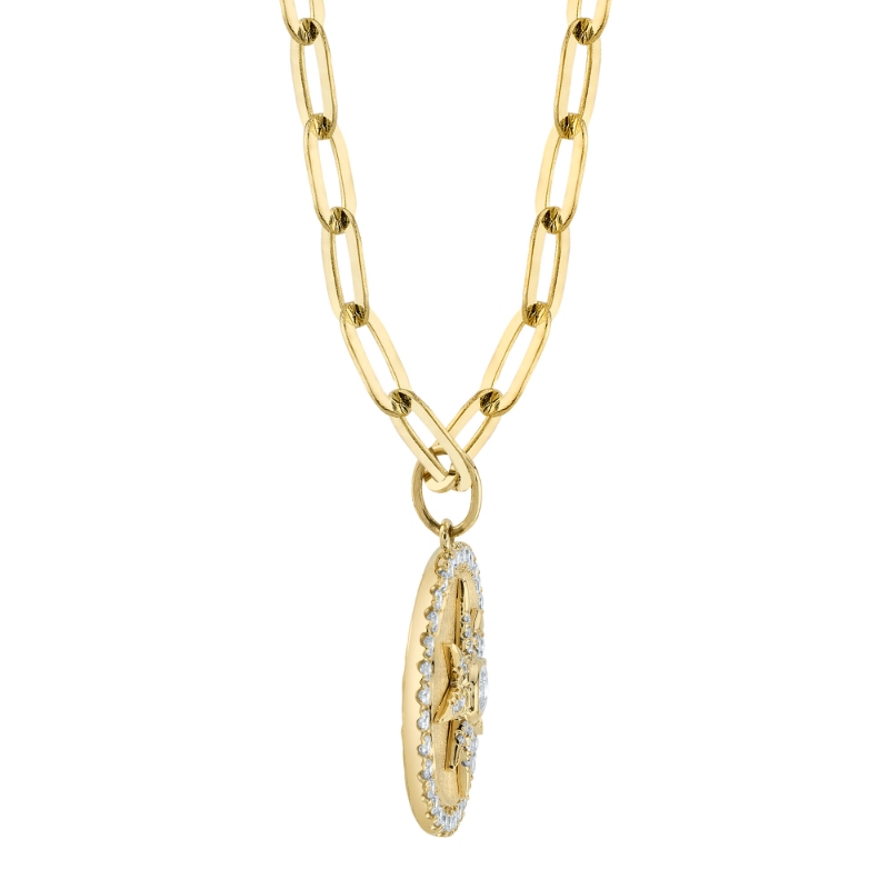 0.43Ct 14K Yellow Gold Diamond Bezel Star Paper Clip Link Matte Necklace