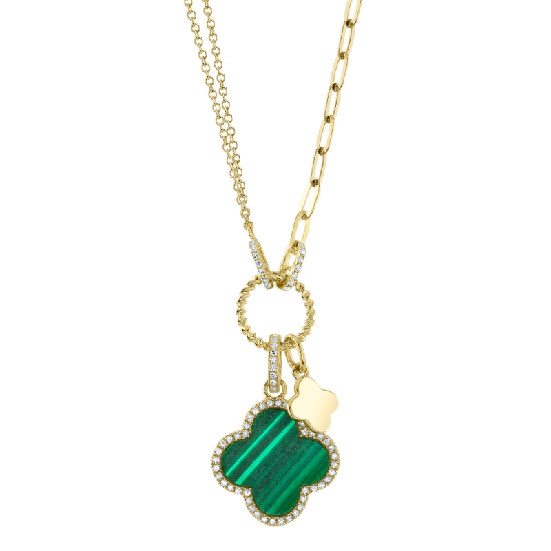 0.17Ct Diamond & 1.88Ct Malachite 14K Yellow Gold Clover Paper Clip Link Necklace