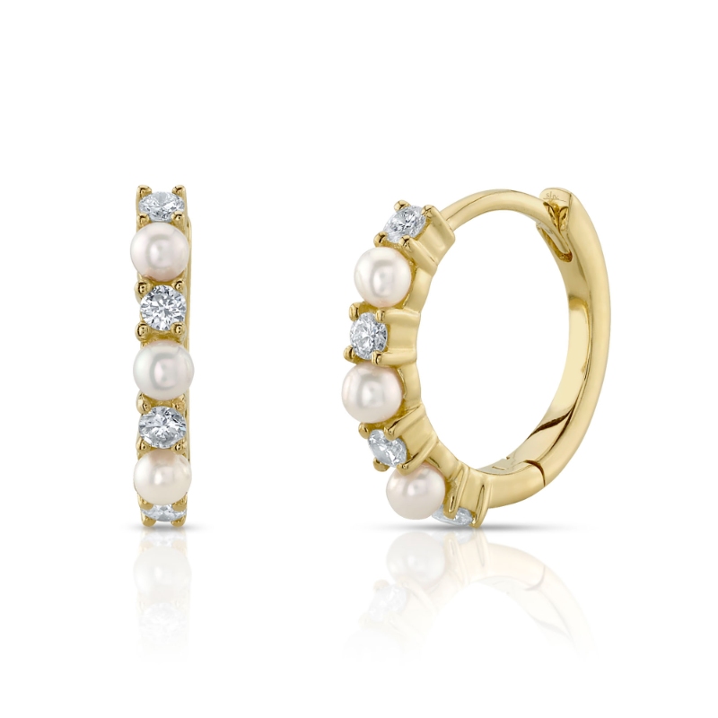 0.14Ct 14K Yellow Gold Diamond & Cultured Pearl Huggie Earrings