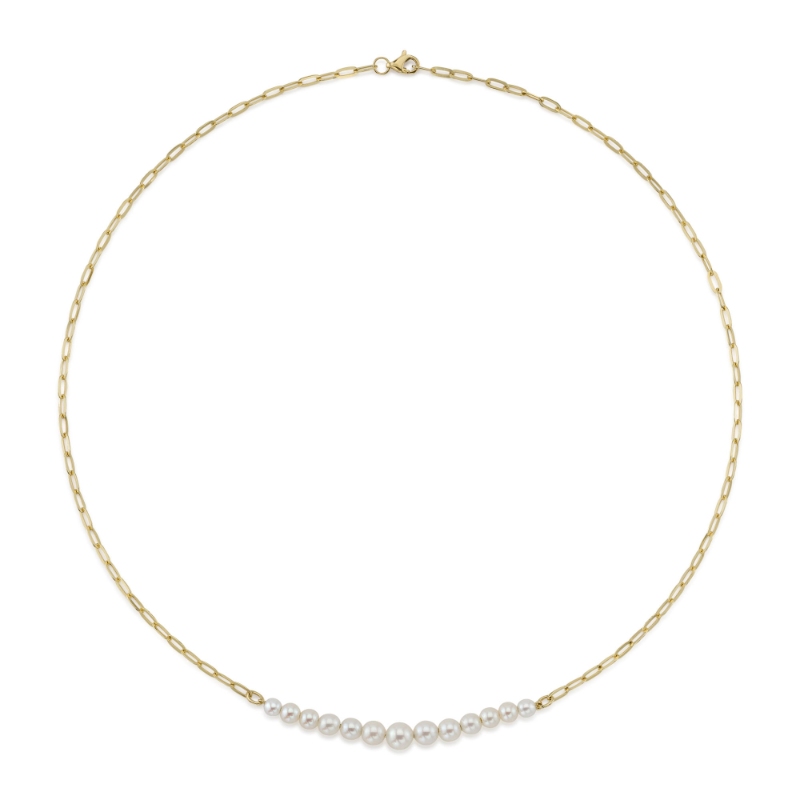 14K Yellow Gold Cultured Pearl Paper Clip Link Necklace