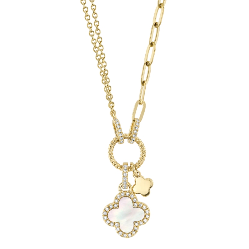 0.12Ct Diamond & 0.54Ct Mother Of Pearl 14K Yellow Gold Clover Paper Clip Link Necklace