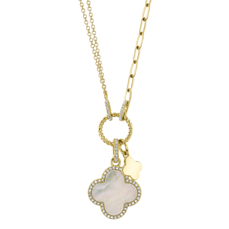 0.17Ct Diamond & 1.36Ct Mother Of Pearl 14K Yellow Gold Clover Paper Clip Link Necklace