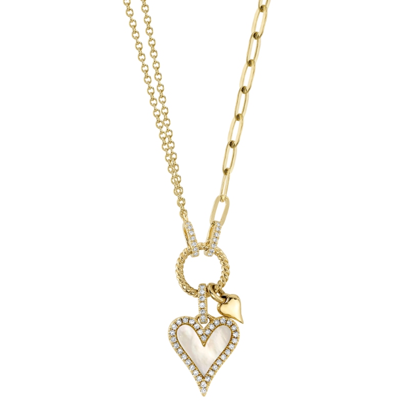 0.13Ct Diamond & 0.41Ct Mother Of Pearl 14K Yellow Gold Heart Paper Clip Link Necklace