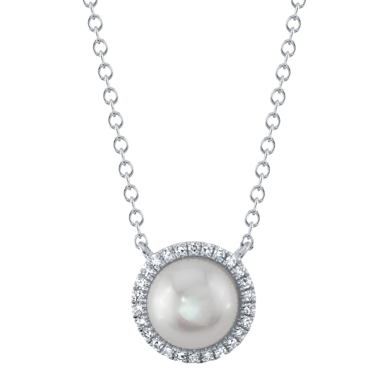 0.08Ct 14K White Gold Diamond & Cultured Pearl Necklace