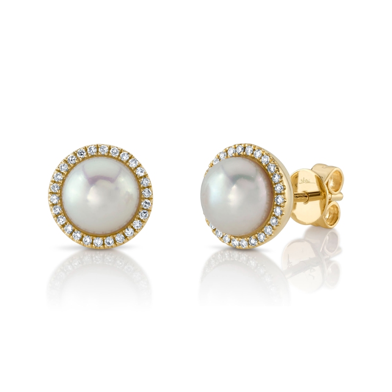 14K Yellow Gold Diamond And Cultured Pearl Stud Earrings