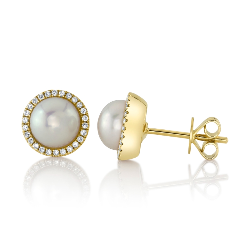 0.16Ct 14K Yellow Gold Diamond & Cultured Pearl Stud Earring