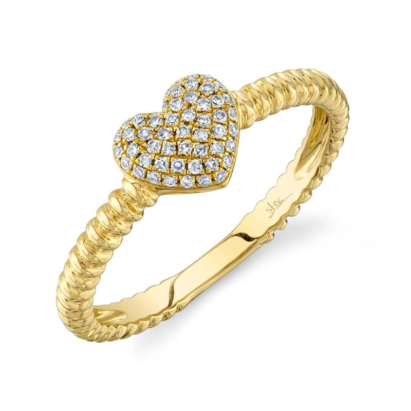 0.12Ct 14K Yellow Gold Diamond Pave Ribbed Heart Ring