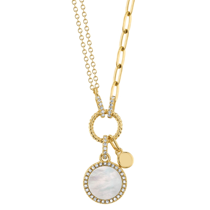 0.13Ct Diamond & 0.57Ct Mother Of Pearl 14K Yellow Gold Circle Paper Clip Link Necklace